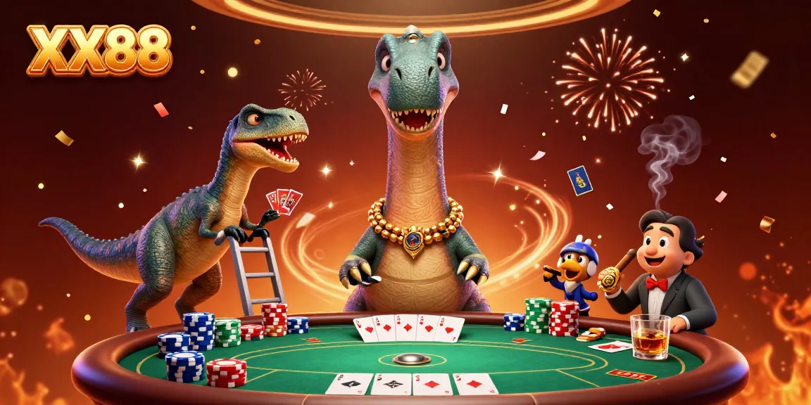 Experience the thrill of XX88 as a humorous brontosaurus towers over a lively poker scene, energizing the casino atmosphere.
