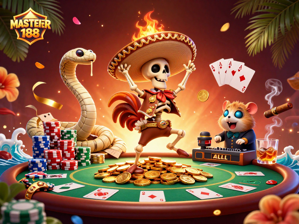 MASTER188 showcases a vibrant 3D casino scene featuring a mariachi rooster, mummy snake, and DJ hamster.