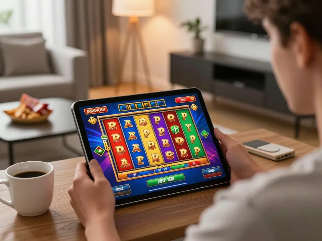 Sunwin player engaging with vibrant slots game on tablet in a cozy home setting