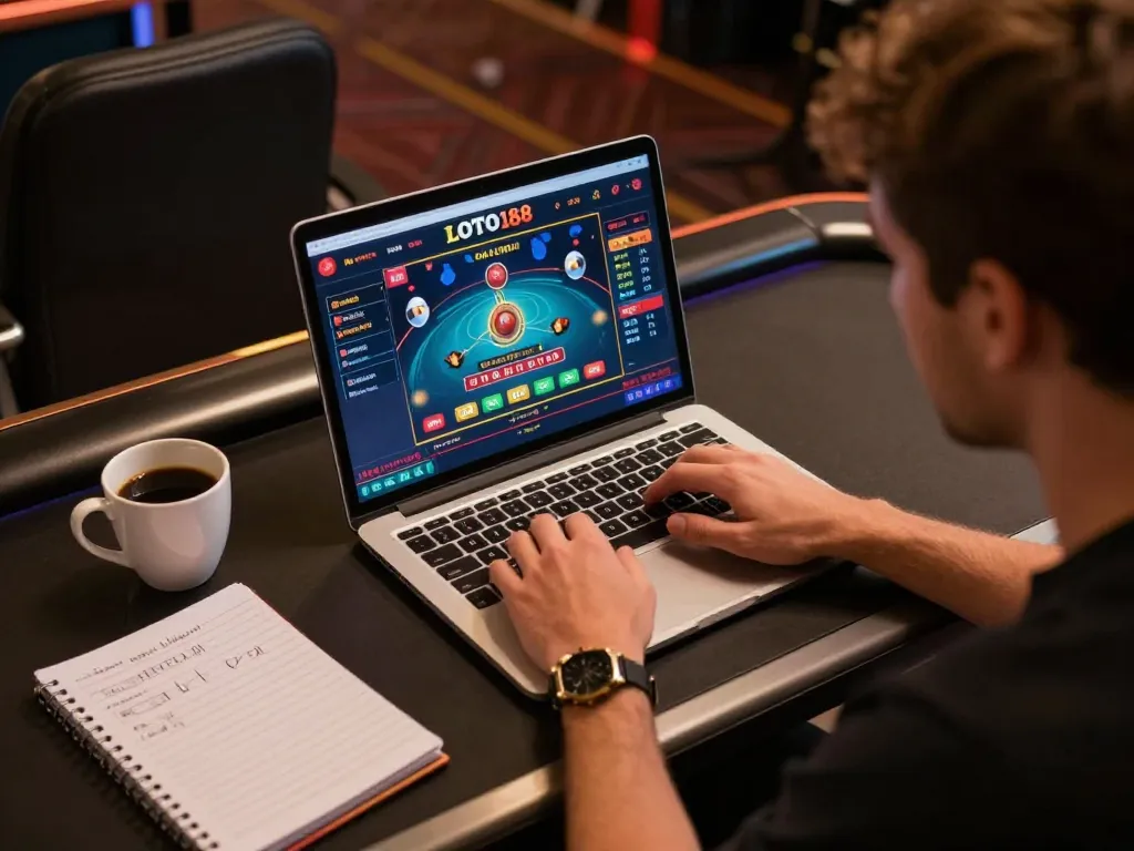 LOTO188 player interacting with live dealer game on laptop at home desk, strategic approach to online gambling.