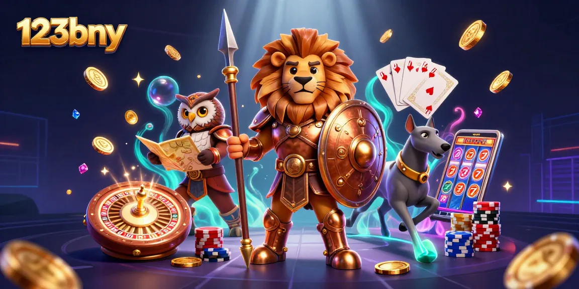 Experience thrilling gaming adventures at 123bny with dazzling casino elements and vibrant characters.