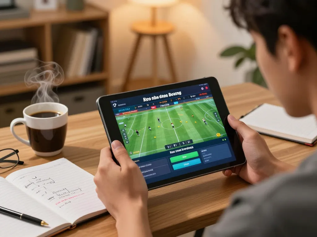 Engaged player analyzing keo nha cai hom nay on a tablet in a cozy home setting with notes and coffee.