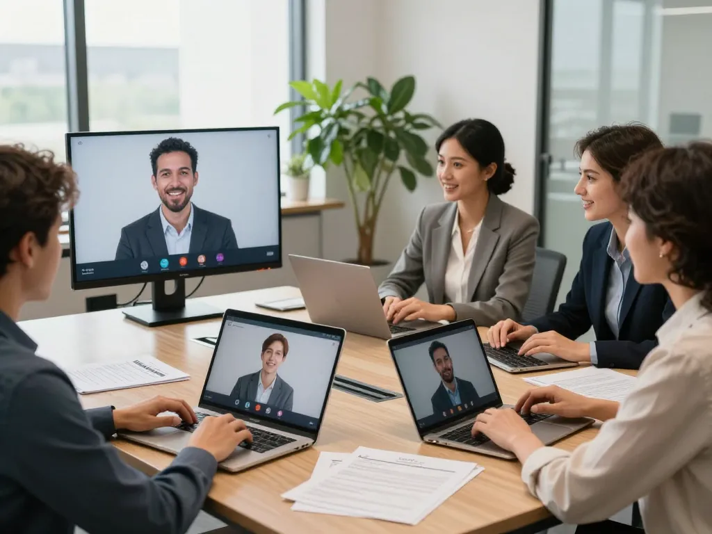 Job candidates practicing ai interview techniques in a professional setting with laptops and feedback notes.