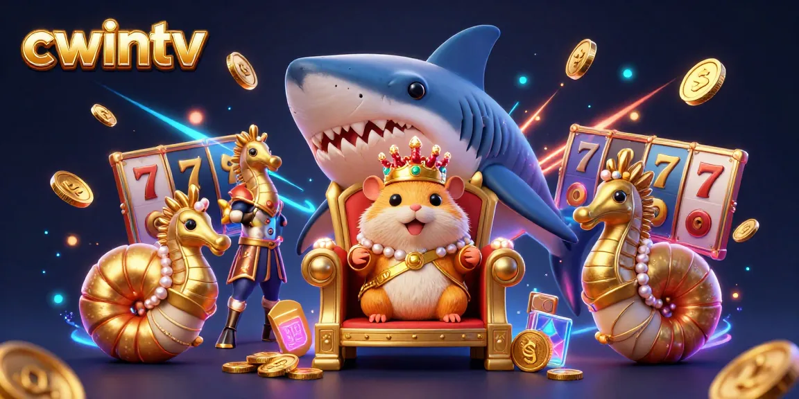 Engage with cwintv's dynamic gaming visuals featuring a fierce hamster king and vibrant casino elements.