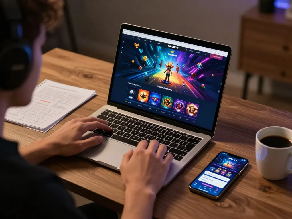 Engaging online gaming moment at NEGO77, player immersed in casino experience with laptop and mobile app.