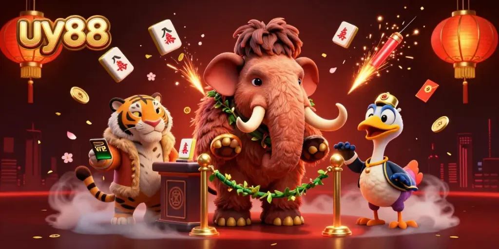 Experience uy88 thrills with a woolly mammoth bouncer at the festive casino entrance.