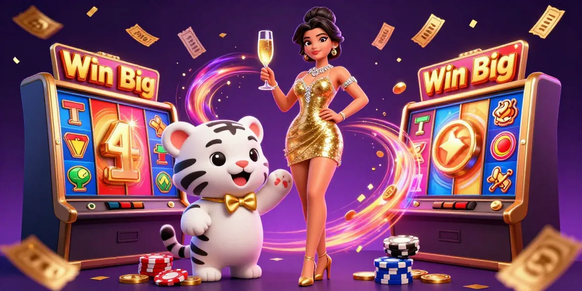 Experience Sunwin's vibrant casino atmosphere with a glamorous woman and lucky tiger surrounded by winning slot reels.