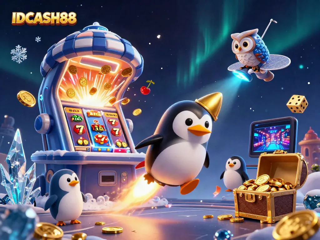 Exciting IDCASH88 scene featuring a rocket-powered penguin and slot machine bursting with coins.