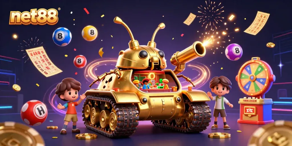 Experience the thrilling atmosphere of net88 with a vibrant 3D casino battle scene filled with jackpots and excitement.