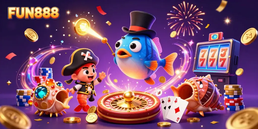 Experience the excitement of FUN888 with a vibrant 3D illustration featuring casino elements and dynamic characters.