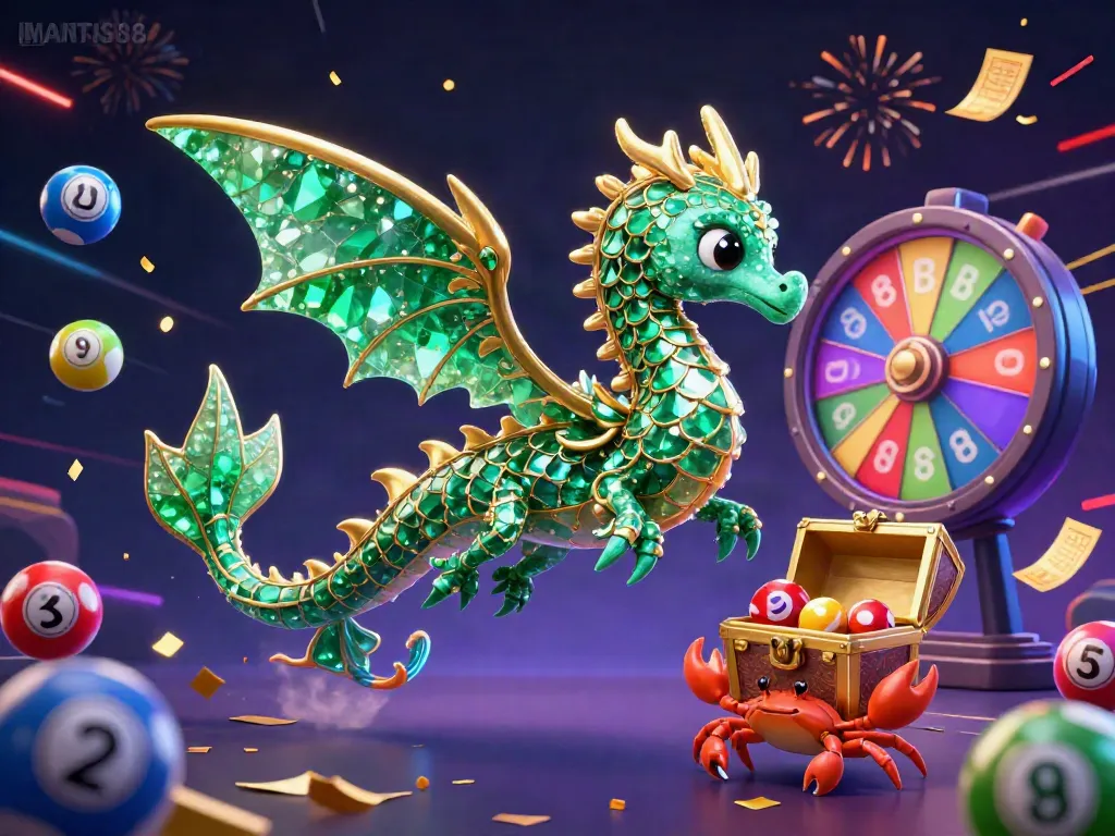 Experience the thrilling lottery with MANTIS88 as colorful balls and dynamic prizes surround a majestic emerald sea dragon.