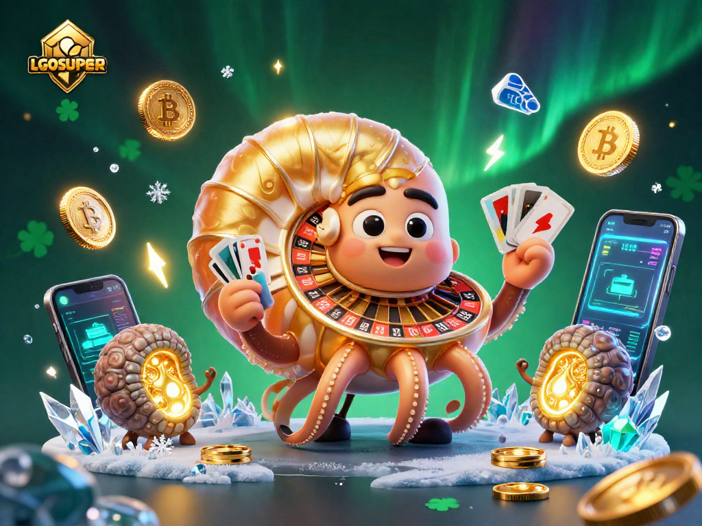 Engage with LGOSUPER’s vibrant gaming environment featuring dynamic crypto elements and a roulette-inspired nautilus.