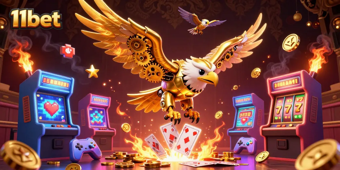 11bet showcases a vibrant casino scene with gold elements and gaming machines, capturing exhilarating bets.