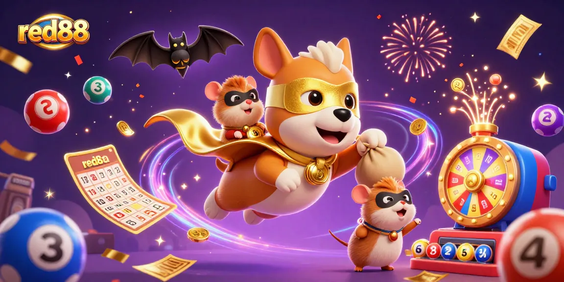 Experience the excitement of red88 as a superhero dog flies with gold coins in a vibrant casino scene.