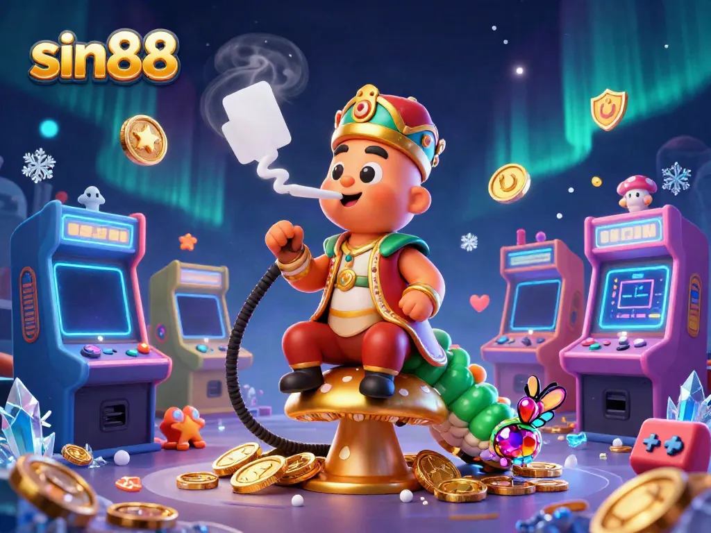 Experience the vibrant world of sin88 with a cartoon caterpillar master in a casino-inspired setting, showcasing game elements and casino symbols.
