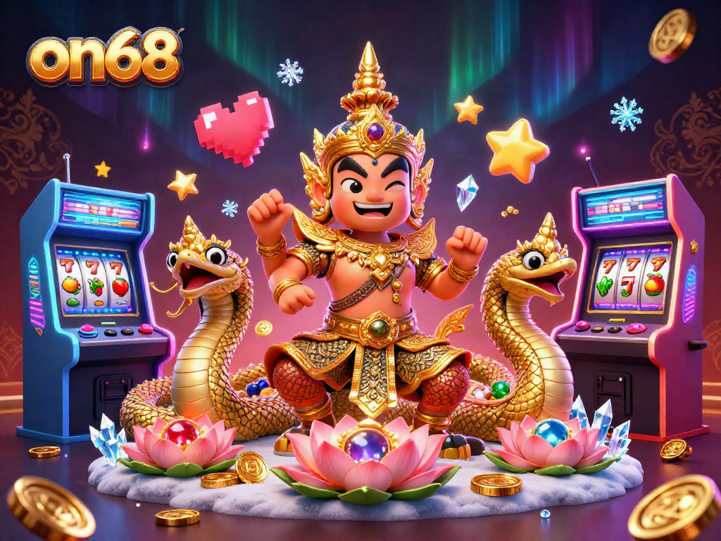 Spin slots and win big with on68, featuring a vibrant 3D casino scene with unique characters and game elements.
