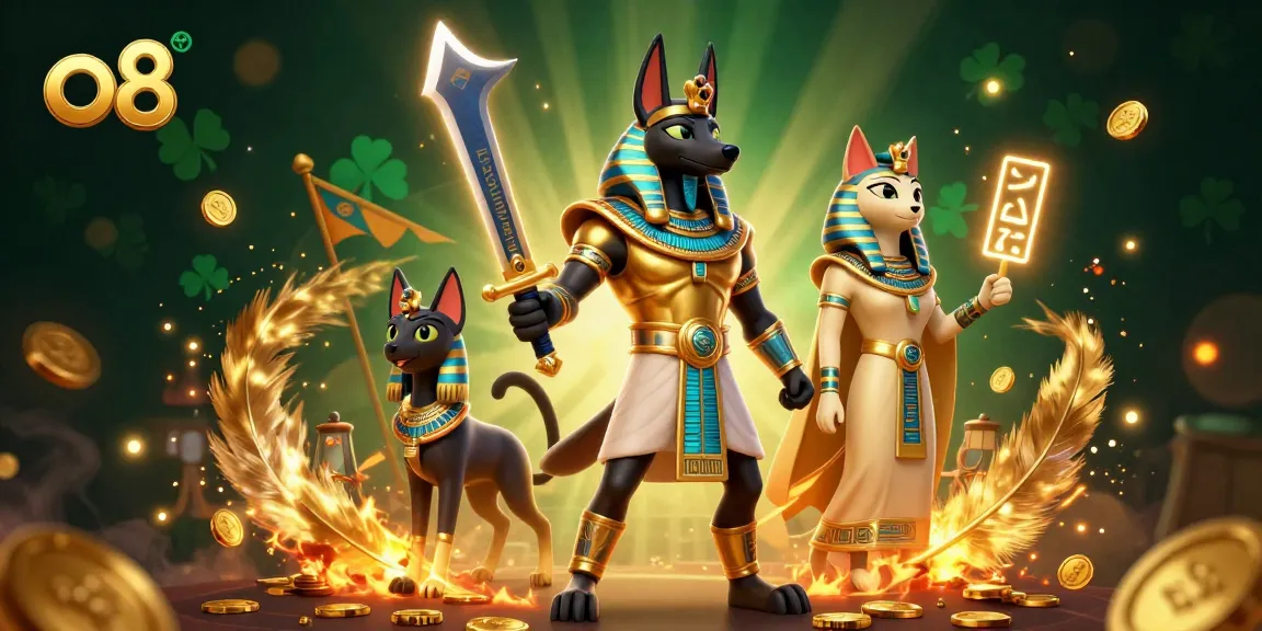 Experience the thrill of o8 with Anubis and Bastet in a vibrant casino-themed scene.