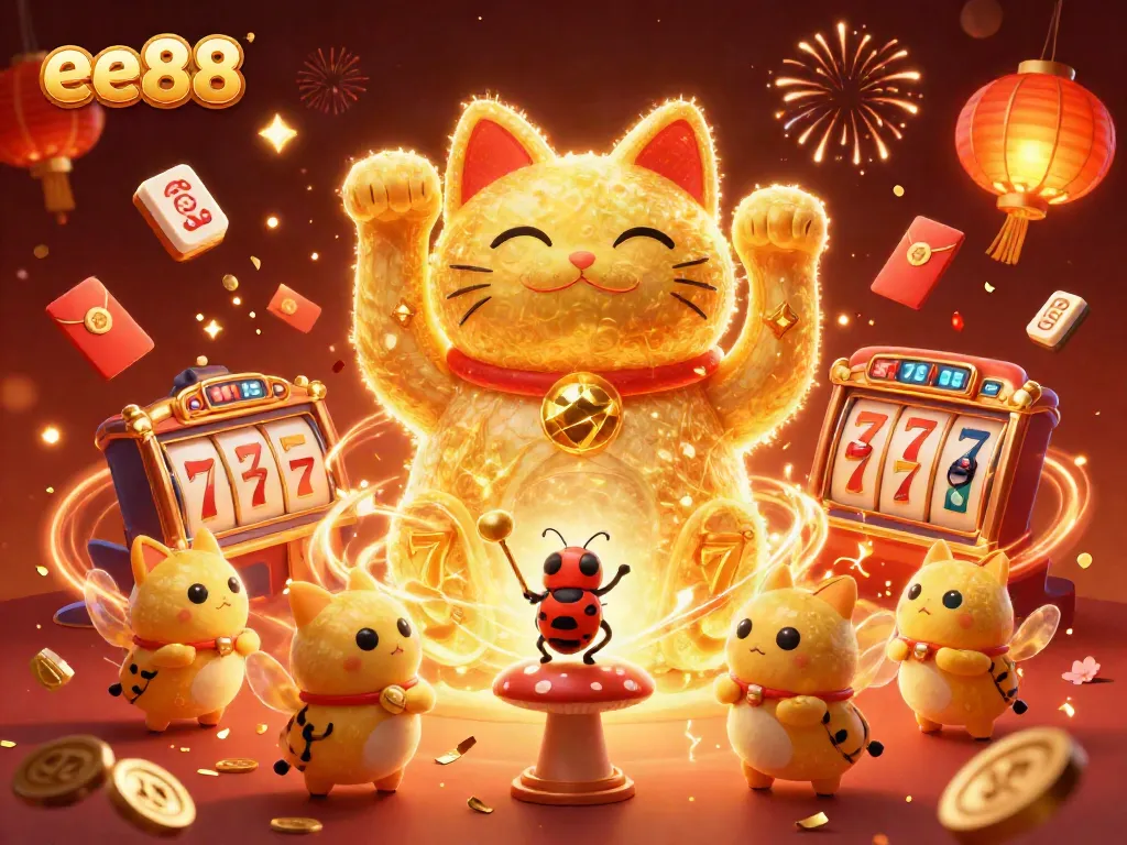 Experience the thrill at ee88 with vibrant casino symbols and a lucky cat illustration.