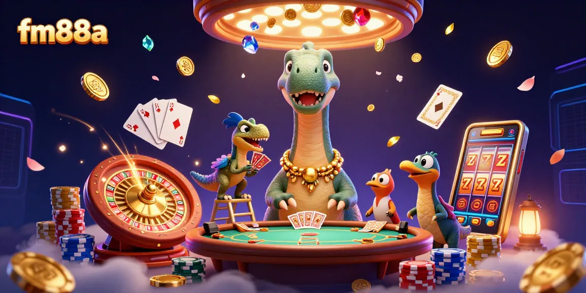 Experience fm88a's vibrant casino scene with colossal dinosaur and clever raptor dealing cards.