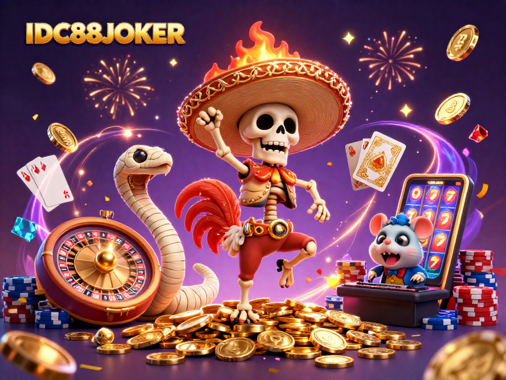 Celebrate wins at IDC88JOKER with dynamic casino characters dancing among gold coins and vibrant game elements.