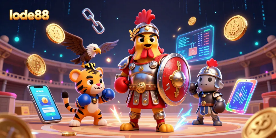 Engage with lode88's exhilarating casino experience featuring 3D rooster warriors and crypto elements.