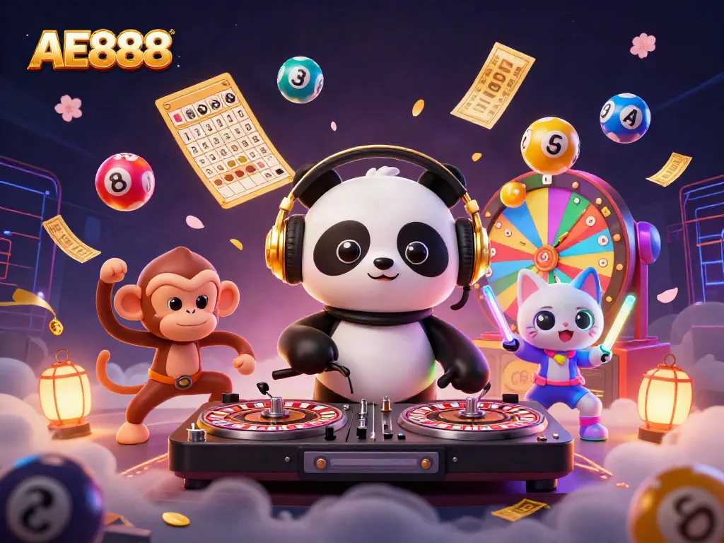 Engage with AE888, the vibrant world of online gaming featuring a DJ panda and animated characters.