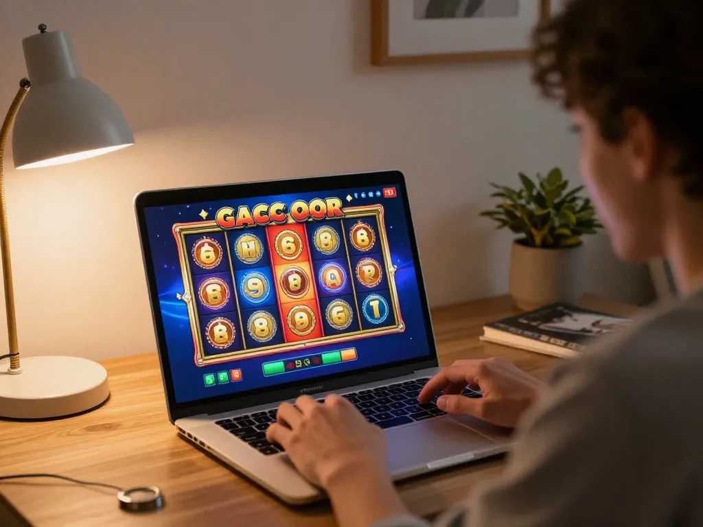 Player enjoying Slot Gacor game on a laptop in a cozy home setting, showcasing the excitement of online gambling.