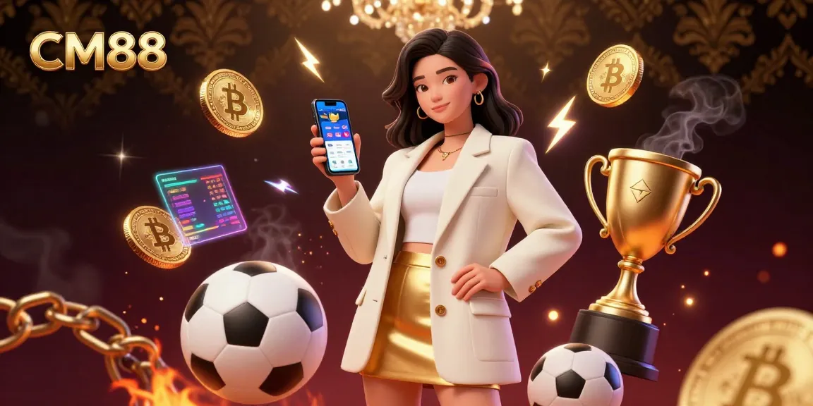 Experience gambling excitement with CM88 as a friendly Asian woman showcases a sports betting app surrounded by crypto coins.