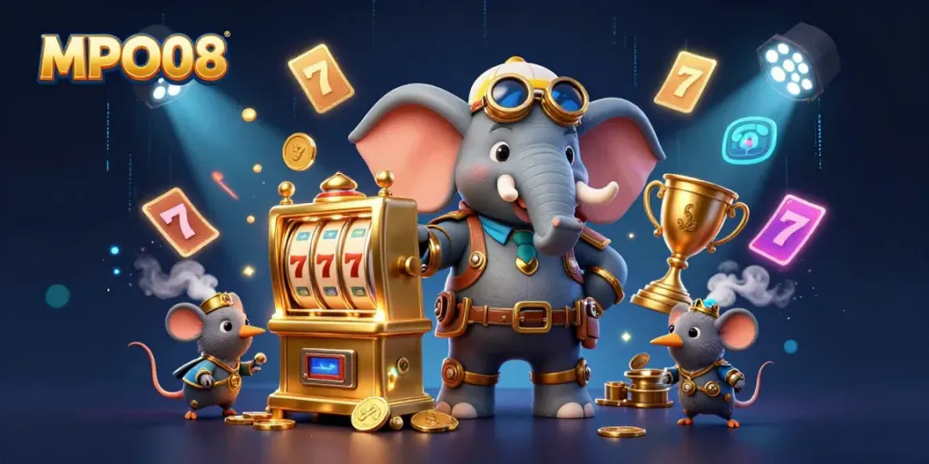 Experience the thrill of MPO08 in a lively casino scene with a steampunk elephant, slot machines, and gold coins.