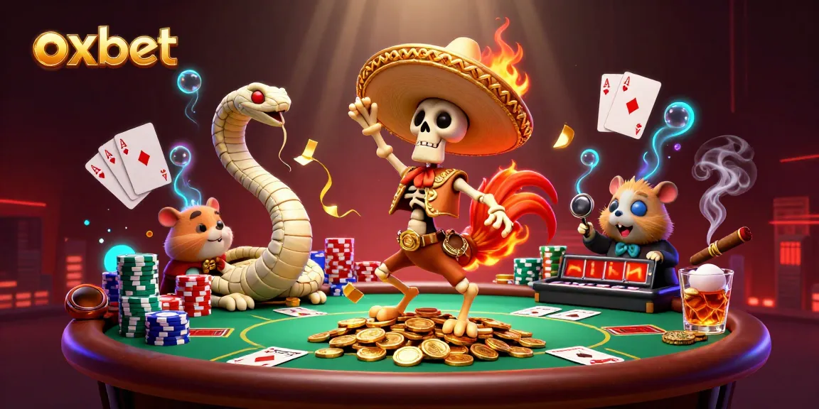 Experience thrilling moments with the oxbet victory dance of a cartoon skeleton rooster amidst poker excitement.