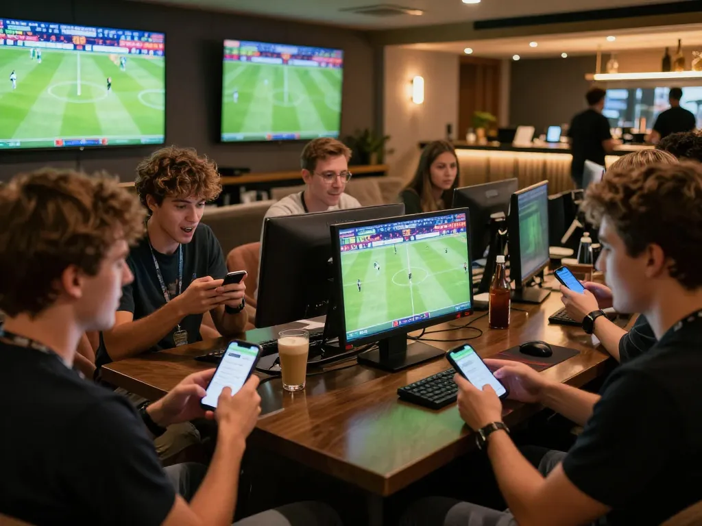 Soccer fans placing bets and watching live matches in a dynamic sports betting lounge