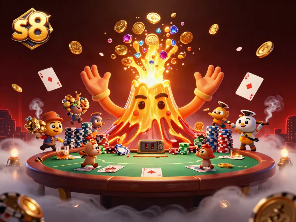 S8 unleashes winning moments at a vibrant casino scene with treasure-filled volcanic energy.