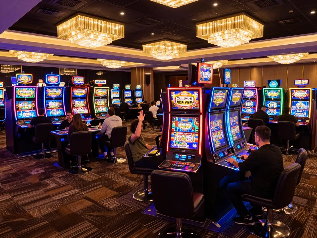 Players celebrating wins on Pragmaticplay slot machines in a vibrant casino atmosphere with colorful lights.