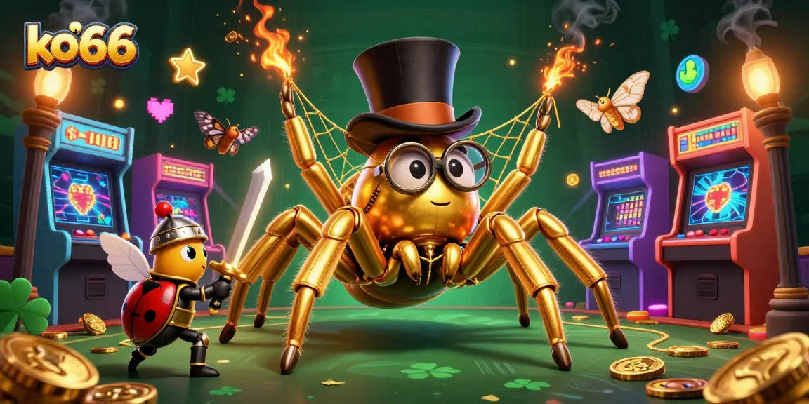 Experience excitement at ko66 with a golden tarantula and beetle knight in a vibrant casino scene.