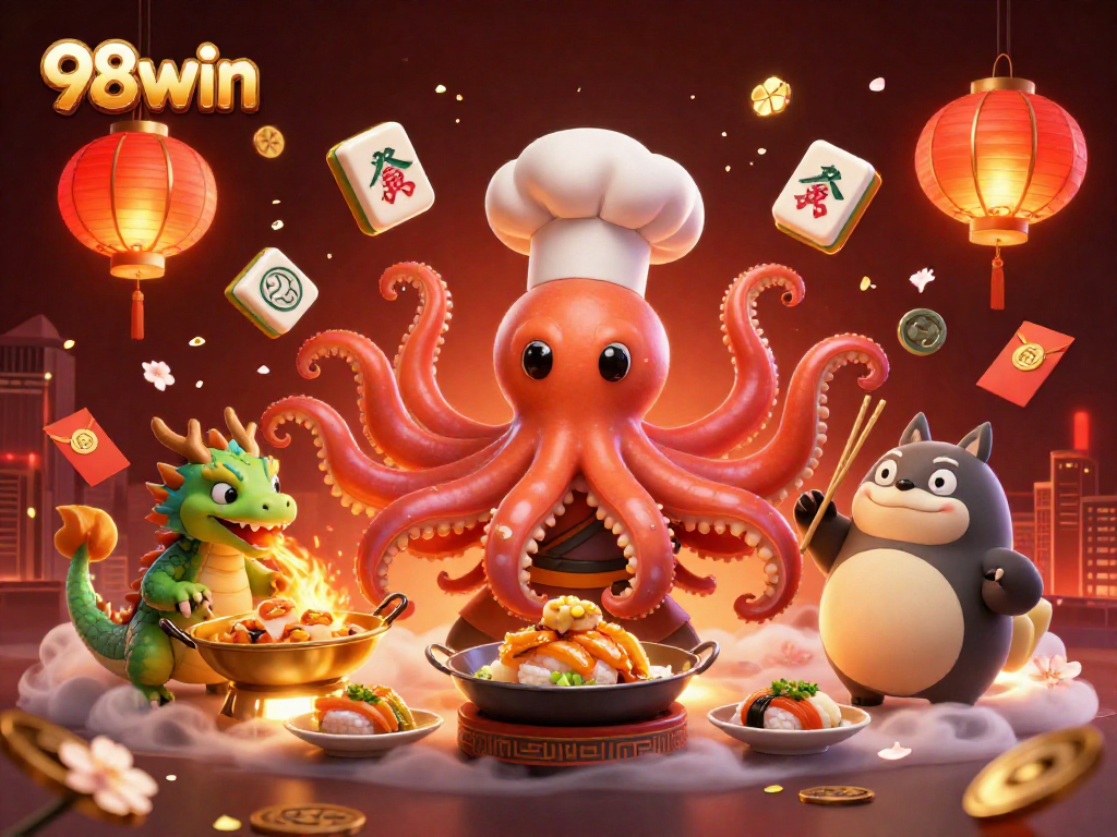 Engage in excitement at 98win with a vibrant casino scene featuring a sushi chef octopus and dragon.