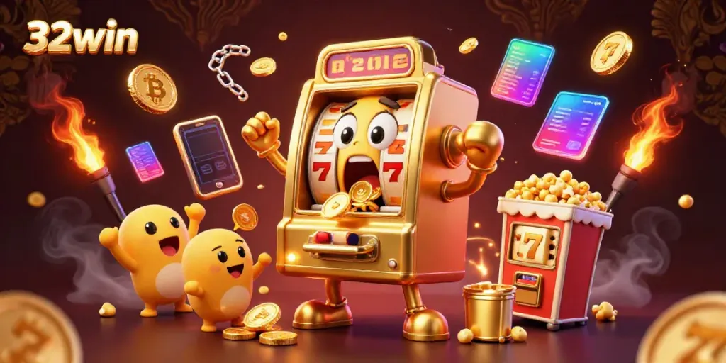 Celebrate wins with 32win style in this vivid slot machine illustration, showcasing excitement and action.