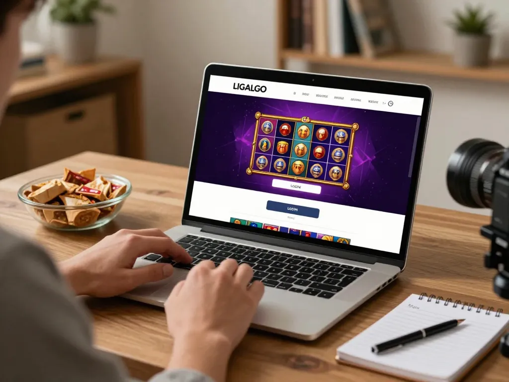 LIGALGO LOGIN page displayed on laptop, highlighting online gambling strategy and gameplay.