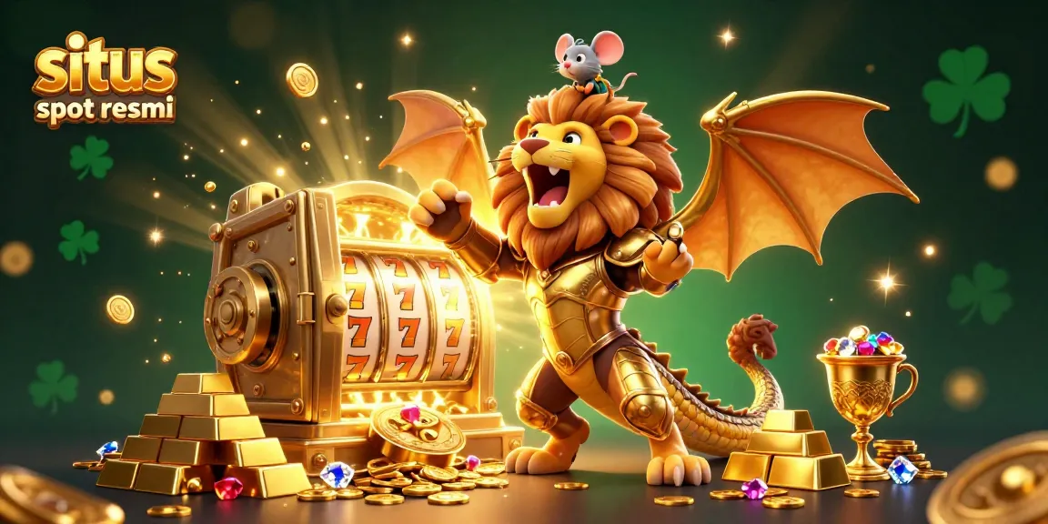 Sparkling 3D scene showcasing a situs slot resmi with a triumphant chimera and mouse jockey amidst riches.