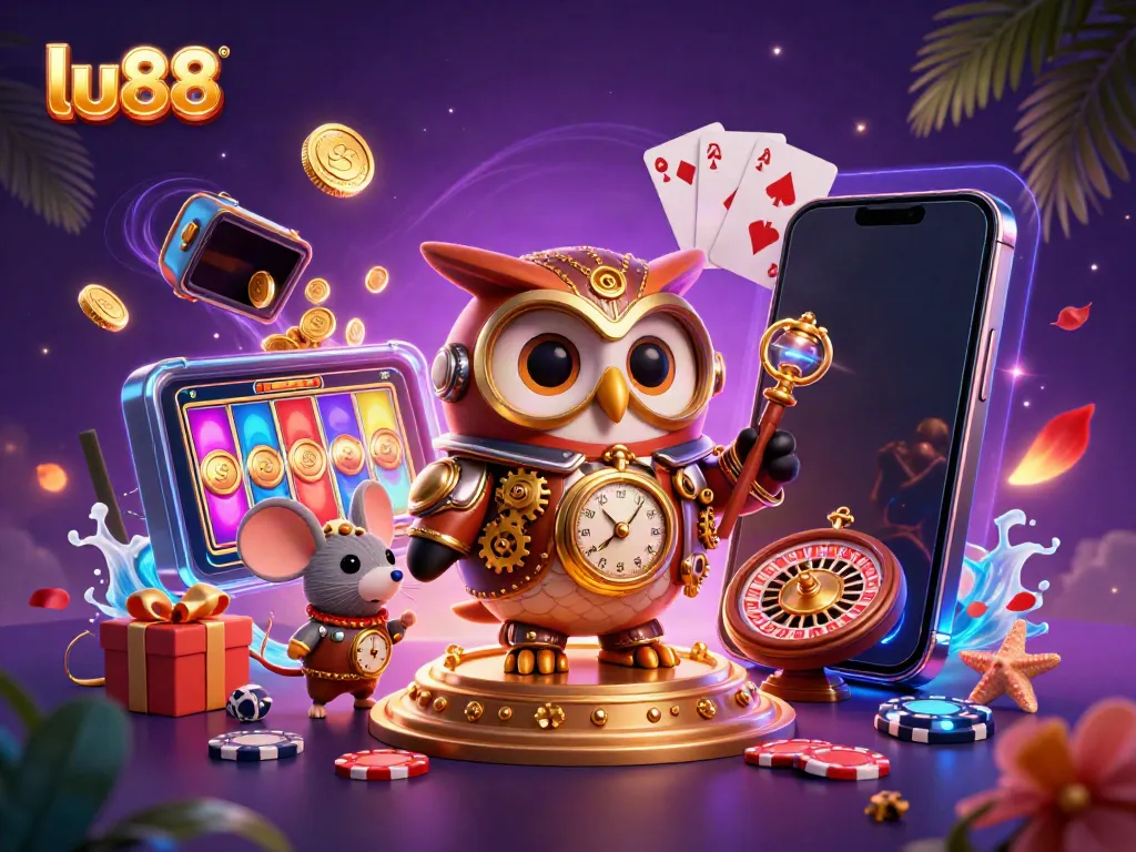 lu88 immersive gaming experience with steampunk owl and dazzling casino elements.