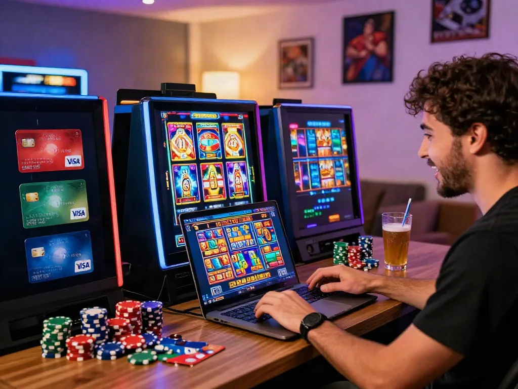 Enthusiastic player at casinos that accept credit cards enjoying online gaming with slots and credit card options.