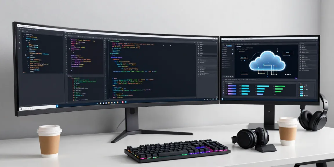 Thabet cloud computing software development workspace with advanced technology displays.