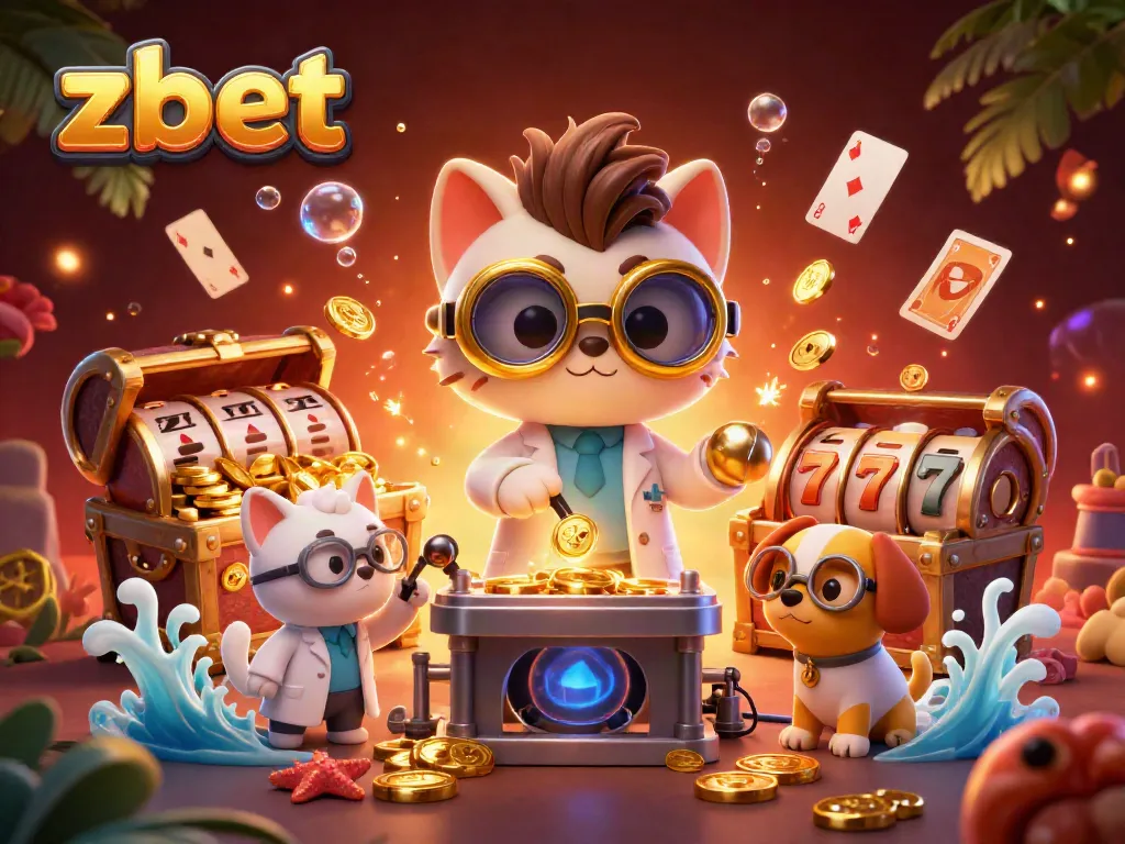 Experience zbet's vibrant casino atmosphere with a mad scientist cat and lab assistant amidst gold coins and gaming elements.