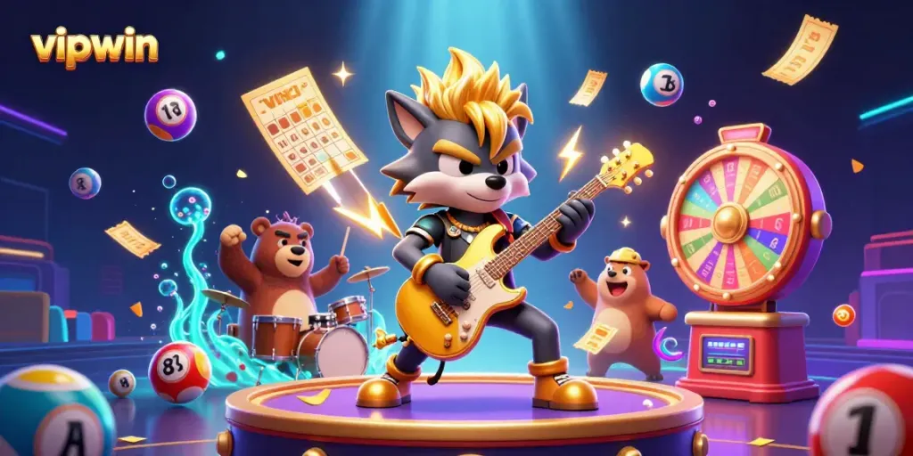 Experience the thrill of winning at vipwin with a vibrant 3D illustration of a rock star wolf performing on a casino stage.