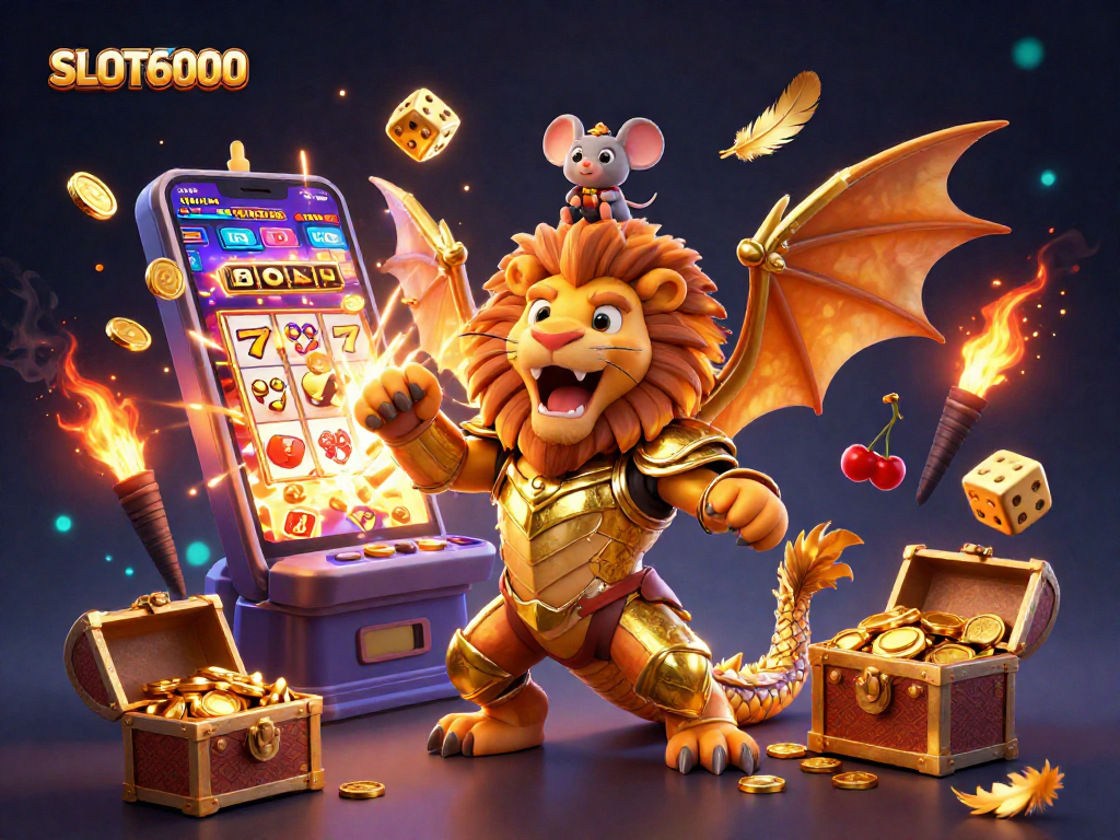 SLOT6000 engages players with a golden chimera mascot and dynamic slot elements in a vibrant casino scene.
