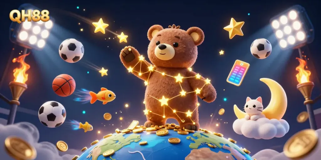 Experience thrilling gameplay with the QH88 constellation bear scooping coins in a vibrant casino scene.
