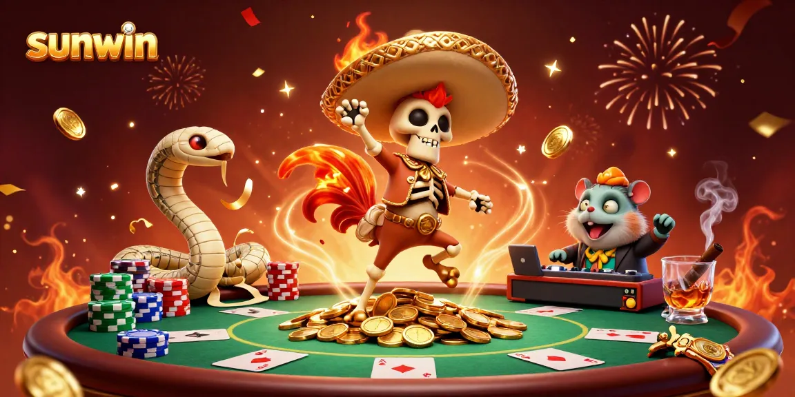 Experience the thrilling action of sunwin featuring a festive mariachi rooster dancing on coins amidst vibrant poker elements