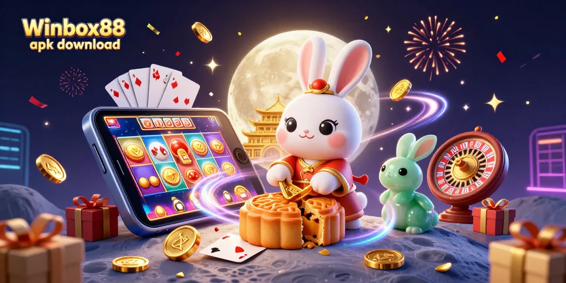 Experience the excitement of Winbox88 apk download with a vibrant 3D digital illustration surrounded by casino elements.
