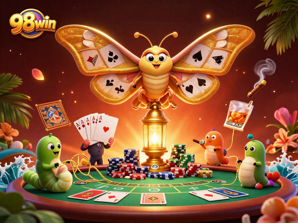 Engage with 98win's casino scene featuring vibrant poker elements and a majestic moth illustration.
