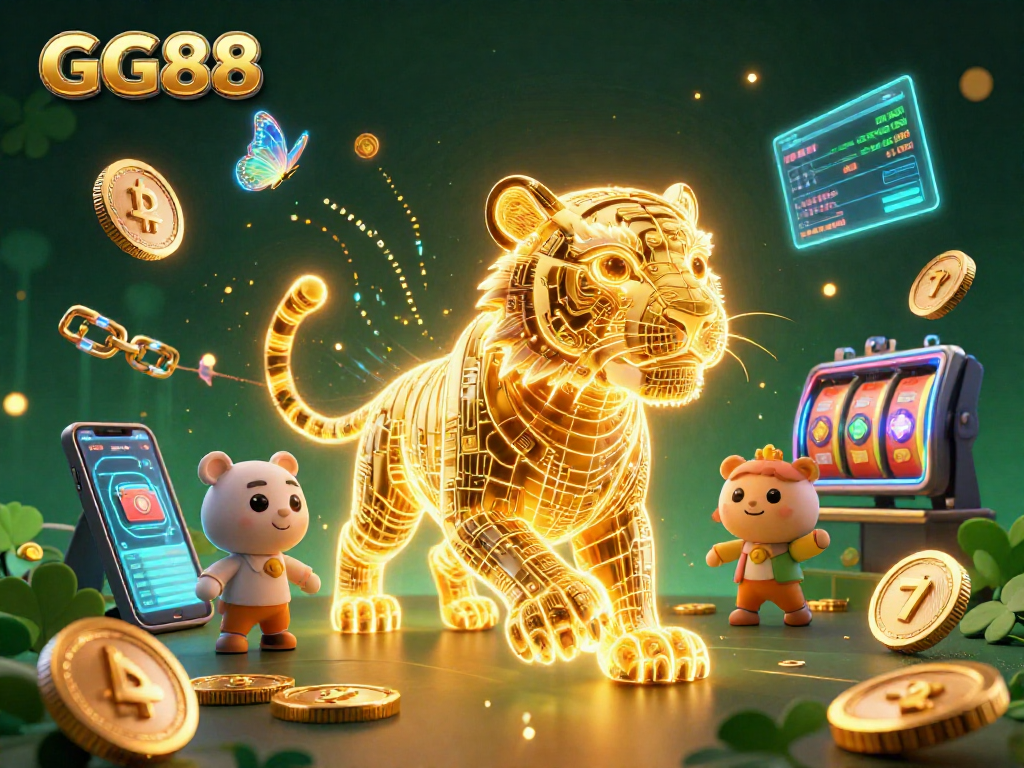 Win big at GG88 with vibrant digital casino art featuring a neon tiger, crypto coins, and engaging game elements.