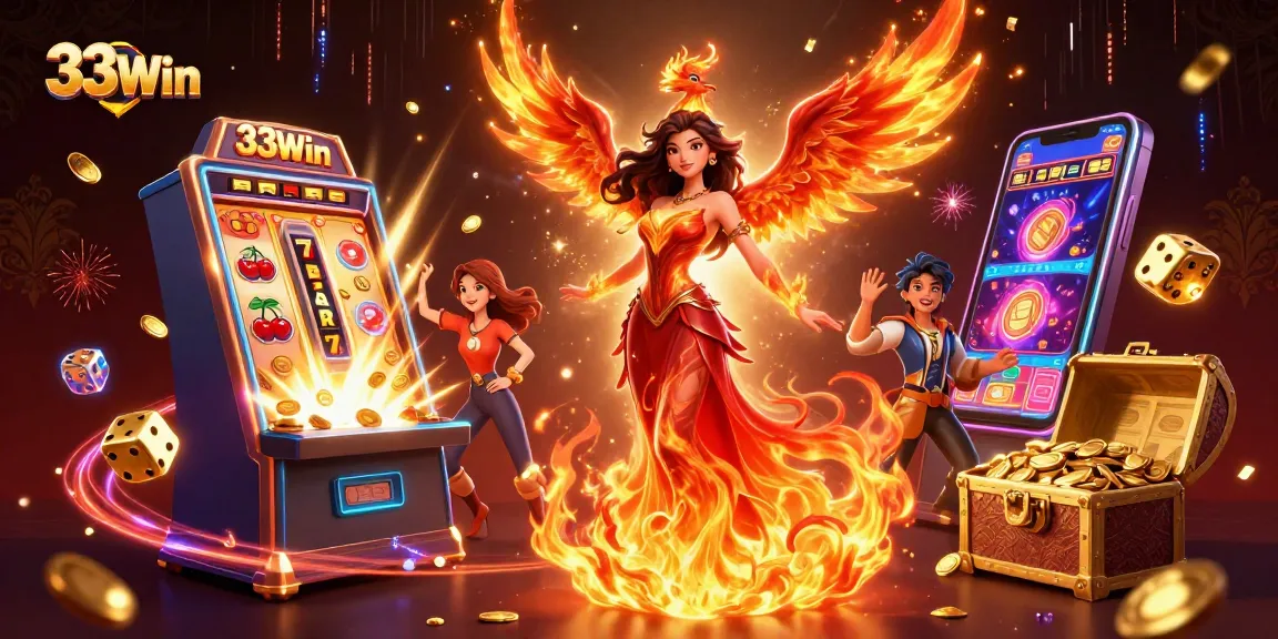 Spin the jackpot reels at 33Win with vibrant symbols and a stunning fiery woman.